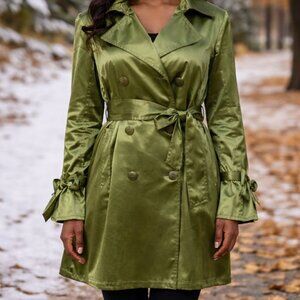 Hillary Radley Green Trench Coat | Belted Satin Trench | Size L | Spring / Fall